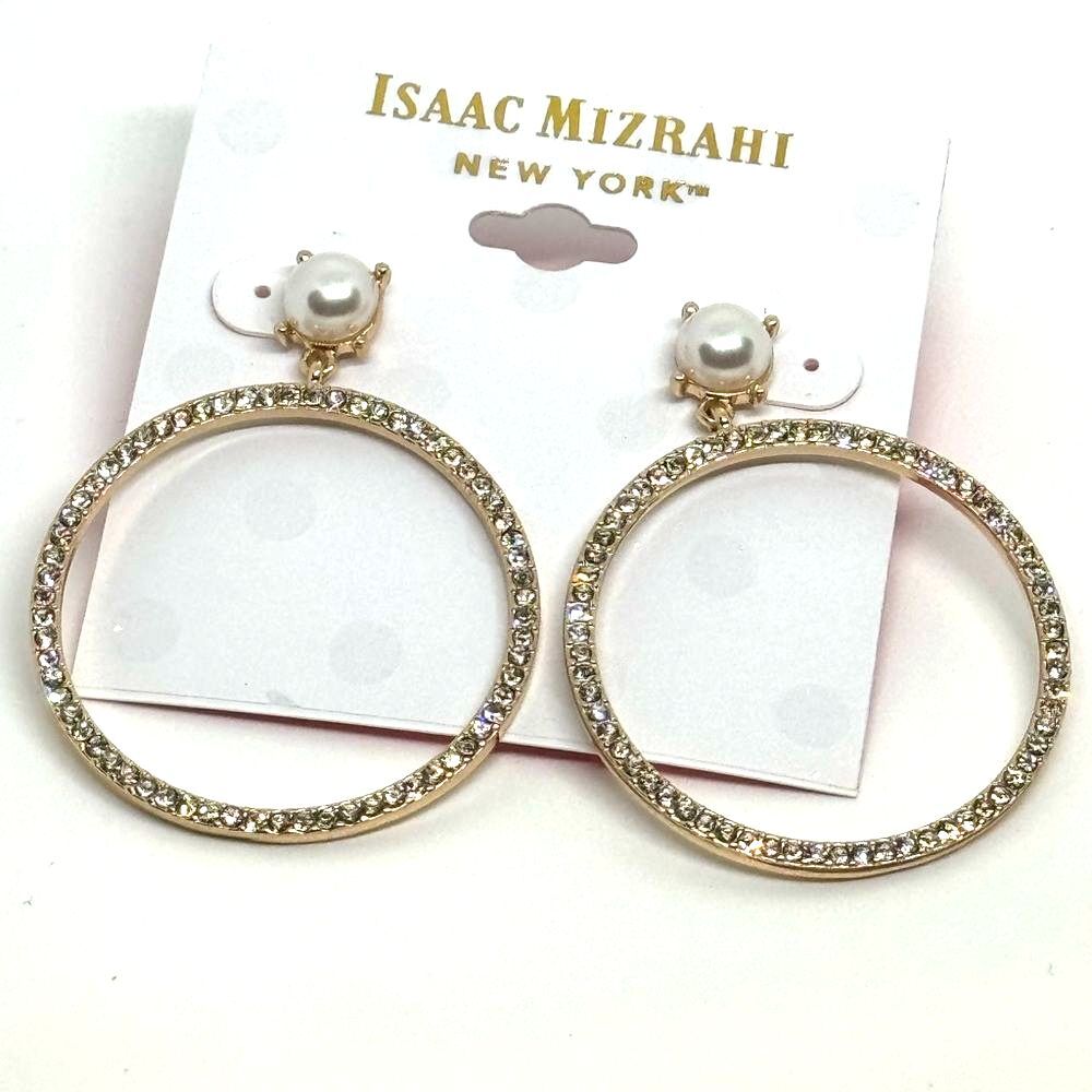 NWT Isaac Mizrahi Gold Tone Crystal Faux Pearl Open Hoop Earrings 2"